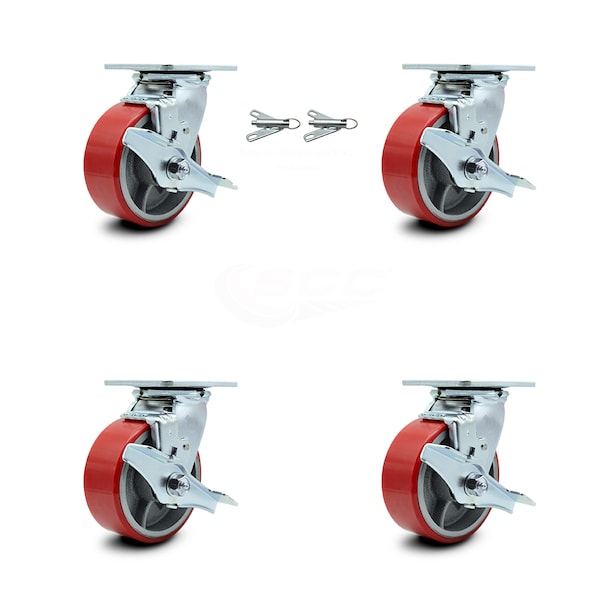 Service Caster 5 Inch Red Poly on Cast Iron Caster Set with Ball Bearings 4 Brake 2 Swivel Lock SCC-30CS520-PUB-RS-TLB-BSL-2-TLB-2 - main
